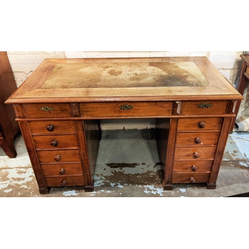 129 - CENTRE PEDESTAL DESK, 74cm x 78cm H x 129cm, 19th century Continental mahogany with inlaid leather s... 