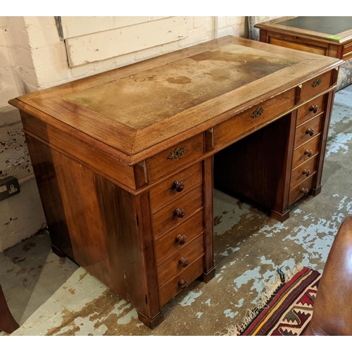 129 - CENTRE PEDESTAL DESK, 74cm x 78cm H x 129cm, 19th century Continental mahogany with inlaid leather s... 