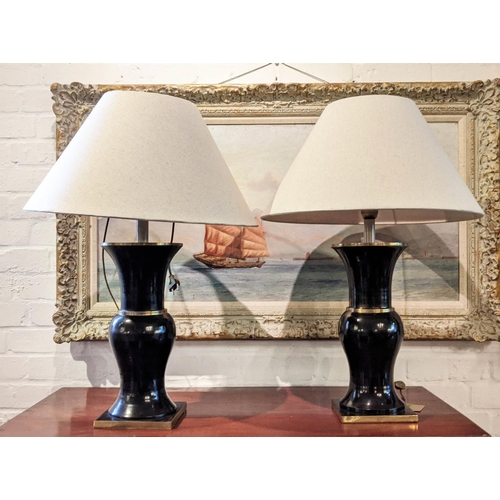 131 - TABLE LAMPS, a pair, each 75cm H including shades, black metal with polished brass detail, 92cm x 82... 