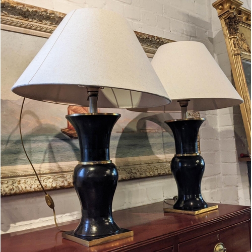 131 - TABLE LAMPS, a pair, each 75cm H including shades, black metal with polished brass detail, 92cm x 82... 