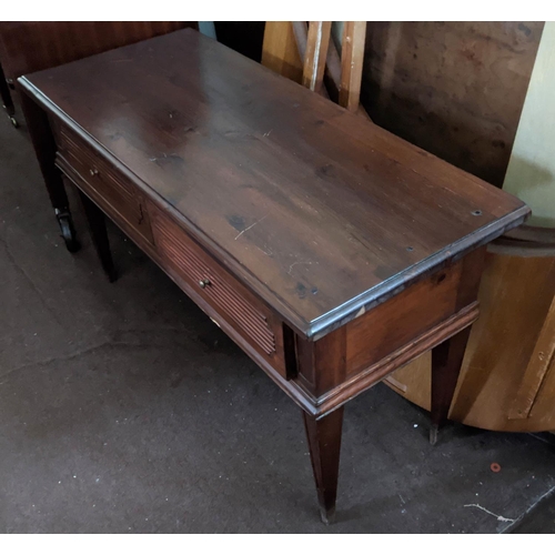 132 - LOW TABLE, 42cm D x 104cm W x 57cm stained pine with two drawers with ribbed detail.