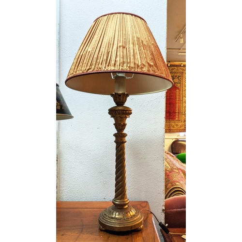 137 - BOUILOTTE LAMP, with a tole shade 75cm H, a giltwood lamp with a pleated shade 80cm H and a small me... 