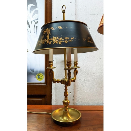 137 - BOUILOTTE LAMP, with a tole shade 75cm H, a giltwood lamp with a pleated shade 80cm H and a small me... 