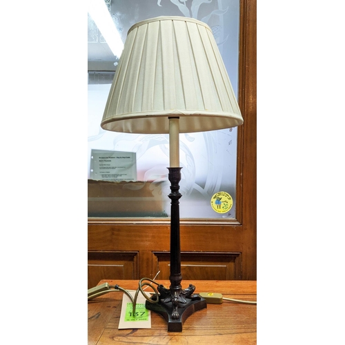 137 - BOUILOTTE LAMP, with a tole shade 75cm H, a giltwood lamp with a pleated shade 80cm H and a small me... 