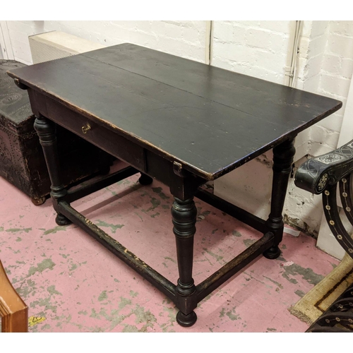 138 - SIDE TABLE, 119cm W x 65cm D x 76cm H, 19th century ebonised pine with a frieze drawer and turned su... 