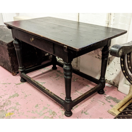 138 - SIDE TABLE, 119cm W x 65cm D x 76cm H, 19th century ebonised pine with a frieze drawer and turned su... 