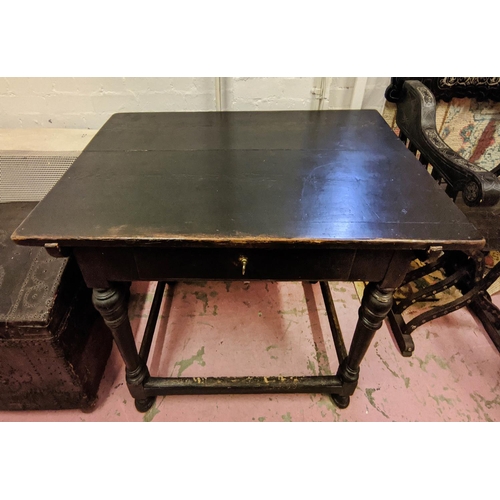 138 - SIDE TABLE, 119cm W x 65cm D x 76cm H, 19th century ebonised pine with a frieze drawer and turned su... 