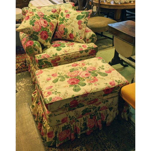 140 - ARMCHAIR, 96cm x 77cm H, floral chintz upholstery and footstool. (2)