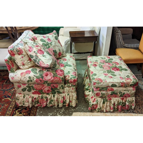 140 - ARMCHAIR, 96cm x 77cm H, floral chintz upholstery and footstool. (2)