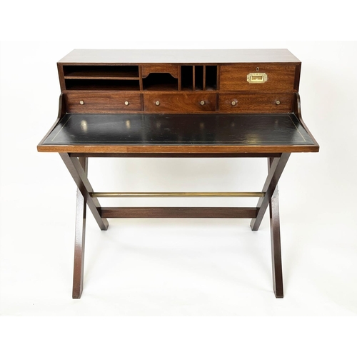 144 - CAMPAIGN STYLE DESK, tooled leather with an arrangement of drawers and pigeon holes on trestle base,... 