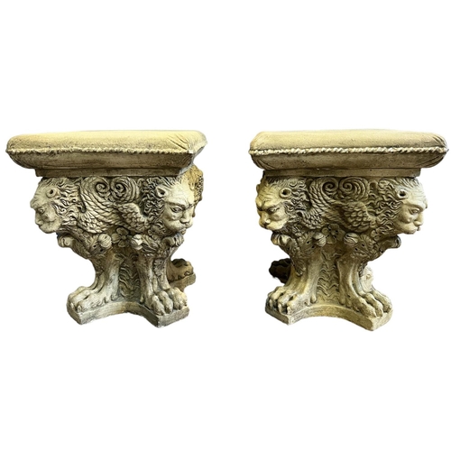 146 - GARDEN STOOLS/STANDS, a pair, stone mythical lion design, each 45cm H x 38cm x 38cm. (2)