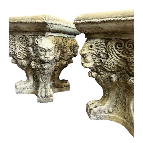 146 - GARDEN STOOLS/STANDS, a pair, stone mythical lion design, each 45cm H x 38cm x 38cm. (2)