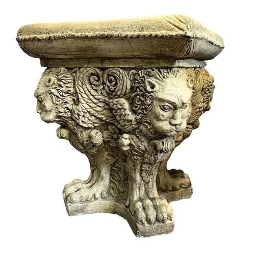 146 - GARDEN STOOLS/STANDS, a pair, stone mythical lion design, each 45cm H x 38cm x 38cm. (2)