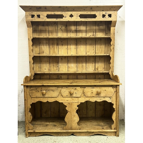 148 - IRISH DRESSER, late 18th century pine, carved fiddle fronted with three drawers and shelves above, 2... 