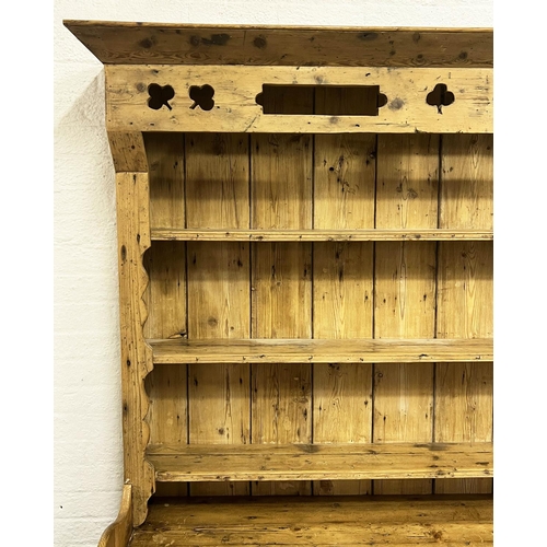 148 - IRISH DRESSER, late 18th century pine, carved fiddle fronted with three drawers and shelves above, 2... 