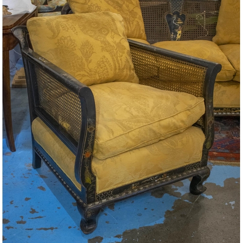 152 - BERGERE SOFA, 79cm H x 166cm, Edwardian Chinoiserie decorated and a pair of matching armchairs 76cm ... 