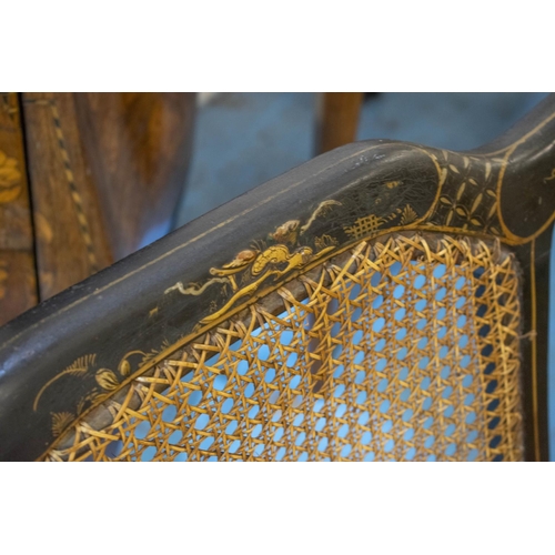 152 - BERGERE SOFA, 79cm H x 166cm, Edwardian Chinoiserie decorated and a pair of matching armchairs 76cm ... 