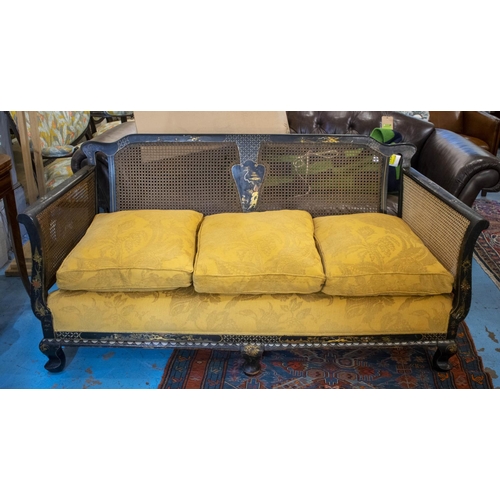 152 - BERGERE SOFA, 79cm H x 166cm, Edwardian Chinoiserie decorated and a pair of matching armchairs 76cm ... 