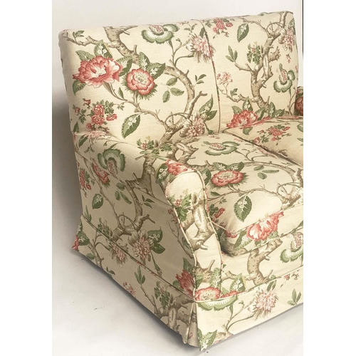 155 - SOFA, Victorian two seater with country house climbing rose linen loose cover upholstery and turned ... 