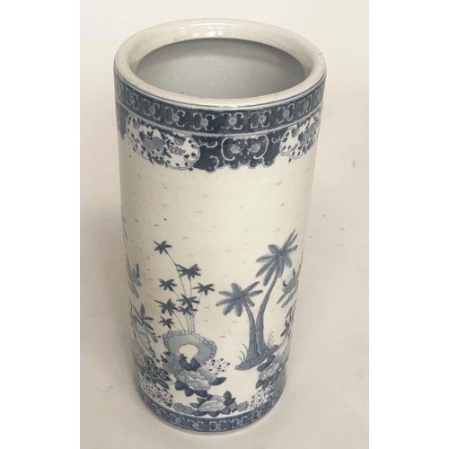 158 - STICK STAND, Chinese blue and white ceramic cylindrical with figures and palm trees, 45cm H.