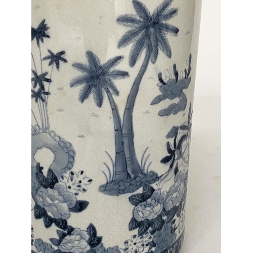 158 - STICK STAND, Chinese blue and white ceramic cylindrical with figures and palm trees, 45cm H.