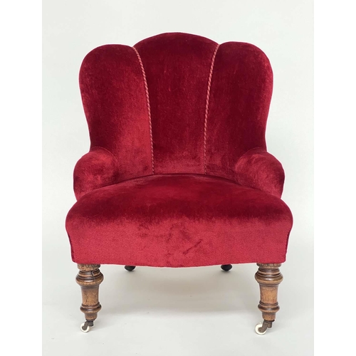 162 - ARMCHAIR, early 20th century Art Deco, scarlet/crimson velvet, with 'cloud back', cord trim and waln... 