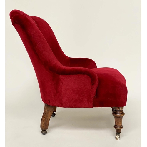 162 - ARMCHAIR, early 20th century Art Deco, scarlet/crimson velvet, with 'cloud back', cord trim and waln... 