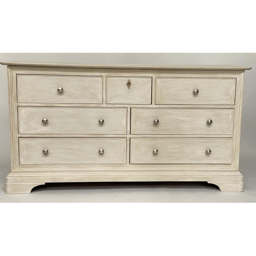 163 - LOW CHEST, French Louis Philippe style, grey painted with seven drawers, 160cm W x 52cm D x 83cm H.