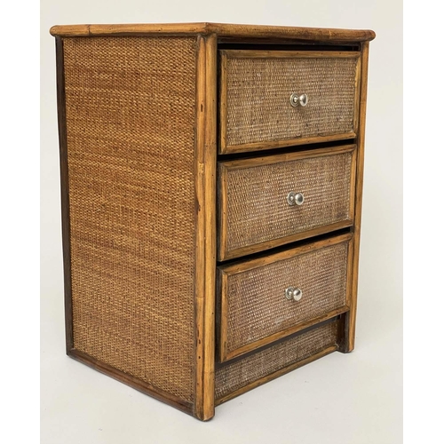 167 - BEDSIDE CHESTS, a pair, bamboo framed and cane panelled each with three drawers, 54cm W x 64cm H x 4... 