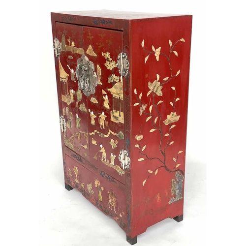 172 - CHINESE SIDE CABINET, early 20th century scarlet lacquered and gilt chinoiserie decorated with two p... 