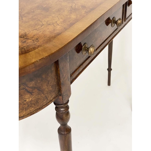 174 - HALL TABLE, George III design burr walnut and crossbanded with rounded ends and two frieze drawers, ... 