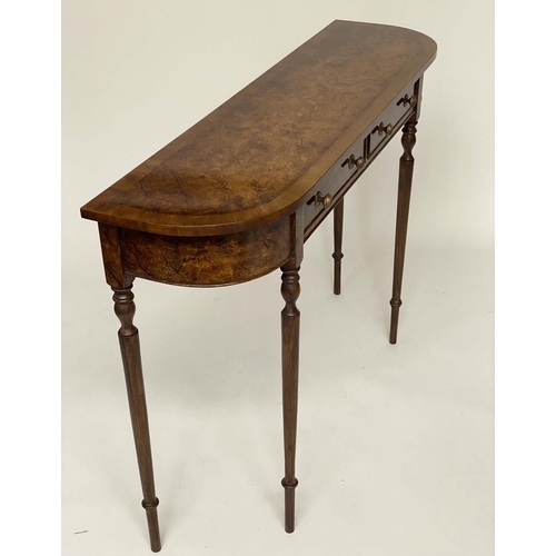 174 - HALL TABLE, George III design burr walnut and crossbanded with rounded ends and two frieze drawers, ... 