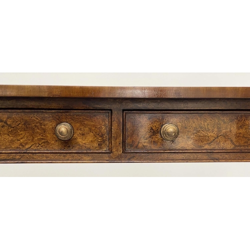 174 - HALL TABLE, George III design burr walnut and crossbanded with rounded ends and two frieze drawers, ... 