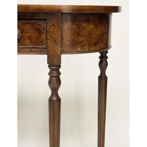 174 - HALL TABLE, George III design burr walnut and crossbanded with rounded ends and two frieze drawers, ... 