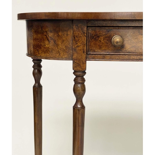 174 - HALL TABLE, George III design burr walnut and crossbanded with rounded ends and two frieze drawers, ... 