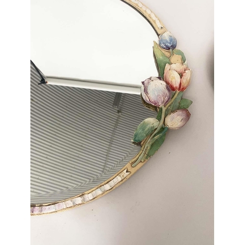 175 - BARBOLA MIRRORS, circular bevelled with ribbon and tulip hand painted frame, together with two other... 