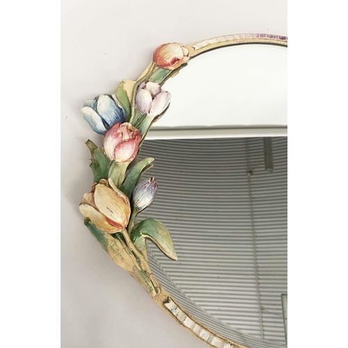 175 - BARBOLA MIRRORS, circular bevelled with ribbon and tulip hand painted frame, together with two other... 