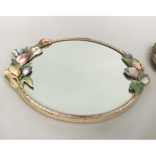 175 - BARBOLA MIRRORS, circular bevelled with ribbon and tulip hand painted frame, together with two other... 