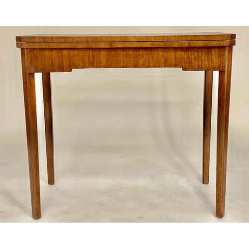 177 - ART DECO CARD TABLE, concave figured walnut with quarter veneered baize lined foldover top, 83cm W x... 