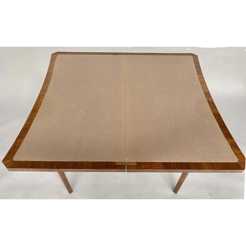 177 - ART DECO CARD TABLE, concave figured walnut with quarter veneered baize lined foldover top, 83cm W x... 