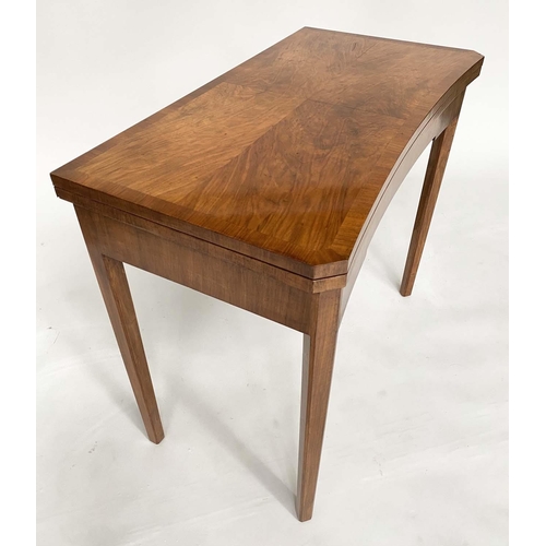 177 - ART DECO CARD TABLE, concave figured walnut with quarter veneered baize lined foldover top, 83cm W x... 