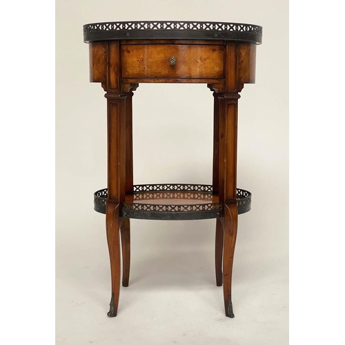 181 - THEODORE ALEXANDER LAMP TABLE, oval French style burr walnut and metal mounted with gallery, drawer ... 