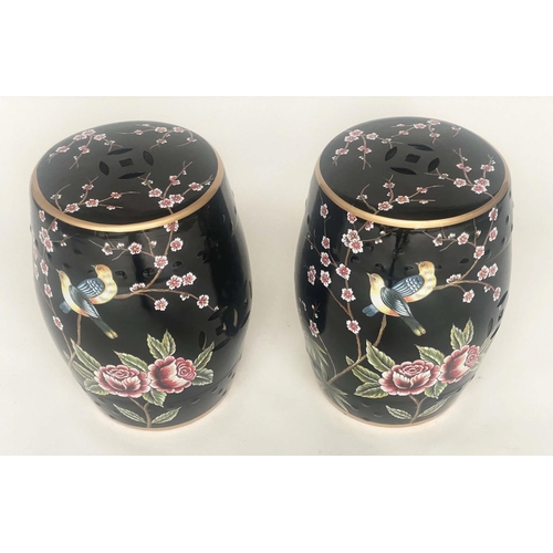 183 - CHINESE STOOLS, a pair, Chinese ceramic, barrel shaped with birds and blossom decoration, 44cm H. (2... 