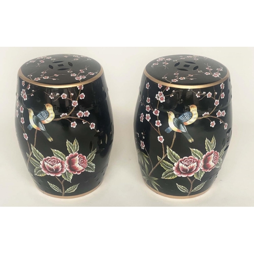 183 - CHINESE STOOLS, a pair, Chinese ceramic, barrel shaped with birds and blossom decoration, 44cm H. (2... 