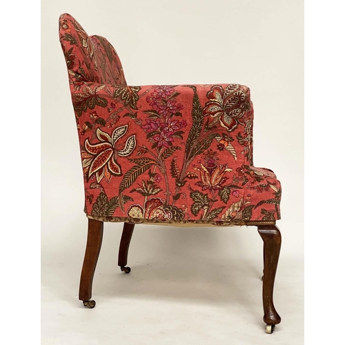 184 - ARMCHAIR, early 20th century Queen Anne style walnut with magenta red printed linen loose cover upho... 