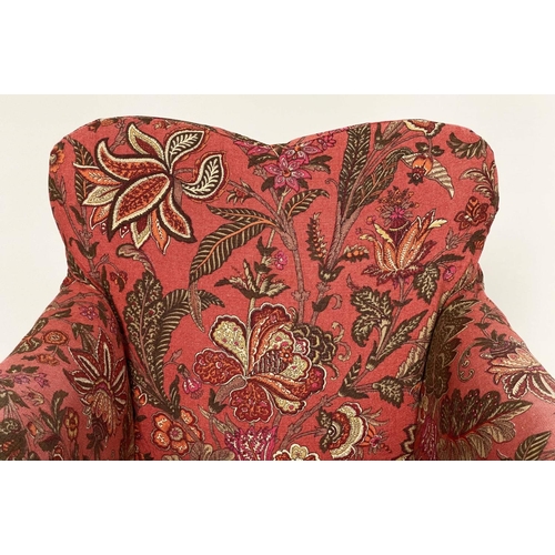 184 - ARMCHAIR, early 20th century Queen Anne style walnut with magenta red printed linen loose cover upho... 