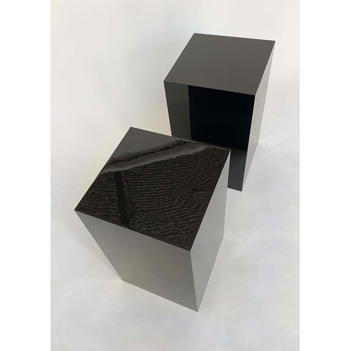 185 - LAMP TABLE PLINTHS, a pair, black polished lucite square section form. (2)