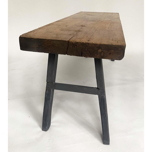 186 - KITCHEN TABLE, 19th century French cherrywood thick planked with splayed stretchered supports.