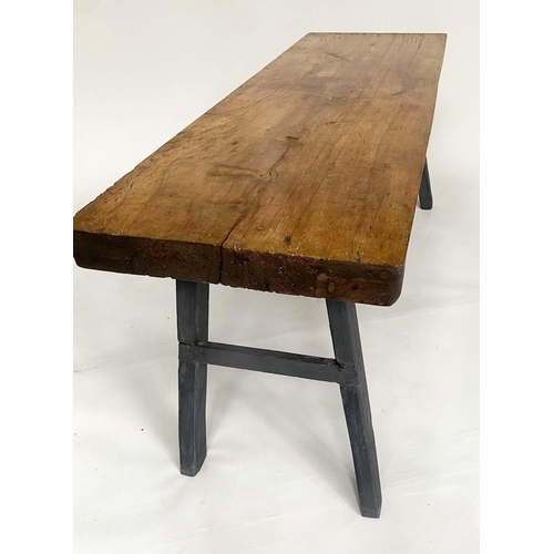 186 - KITCHEN TABLE, 19th century French cherrywood thick planked with splayed stretchered supports.