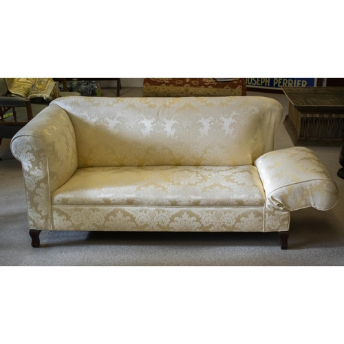 209 - DROP END SOFA, 73cm H x 164cm W, Edwardian mahogany in cream damask with adjustable arm.